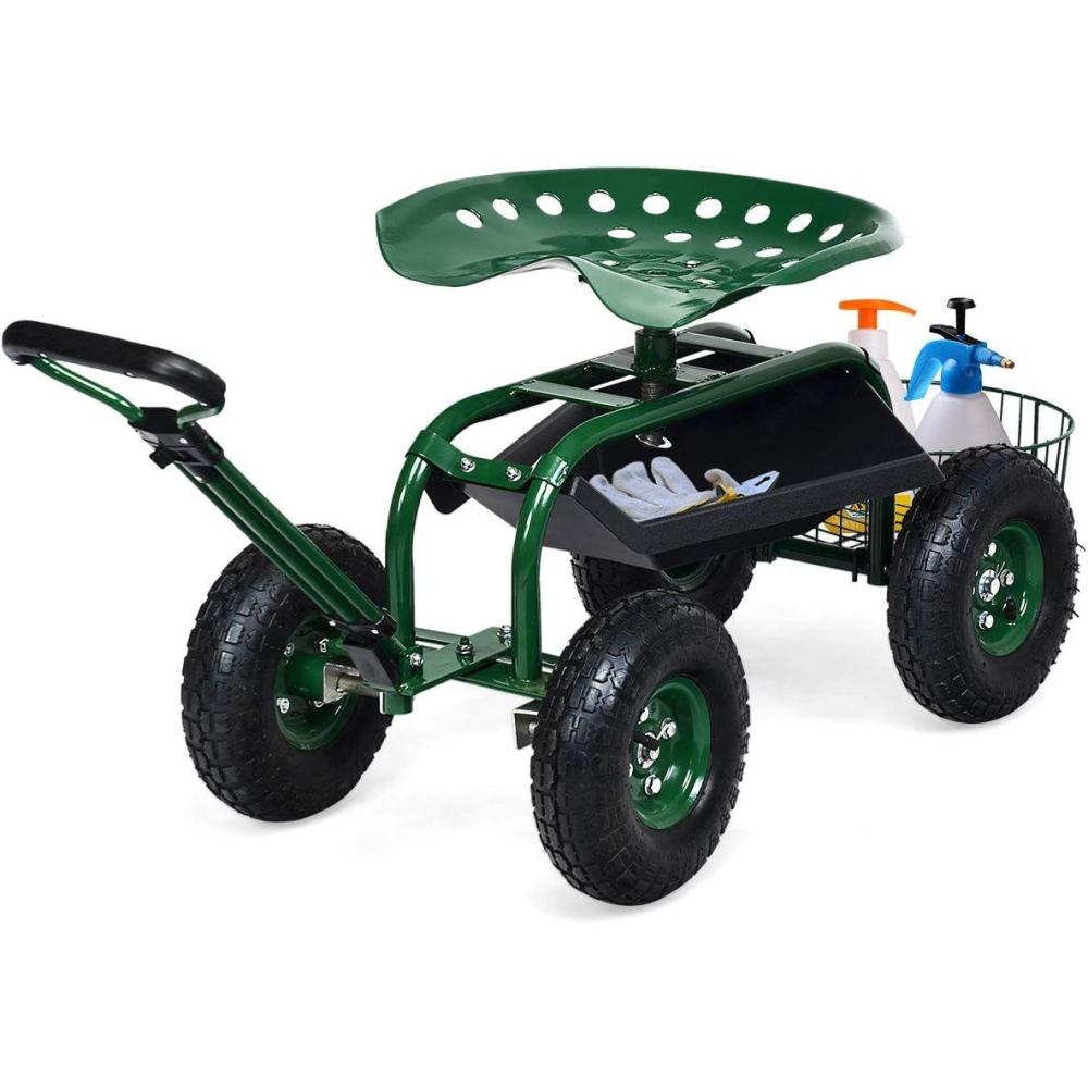 image:imageGiantex Rolling Garden Cart with Seat 4Wheel Gardening Workseat with Storage Basket Swivel Stool Adjustable Seat Steering Handle Garden Utility Cart Steel Frame GreenGreen