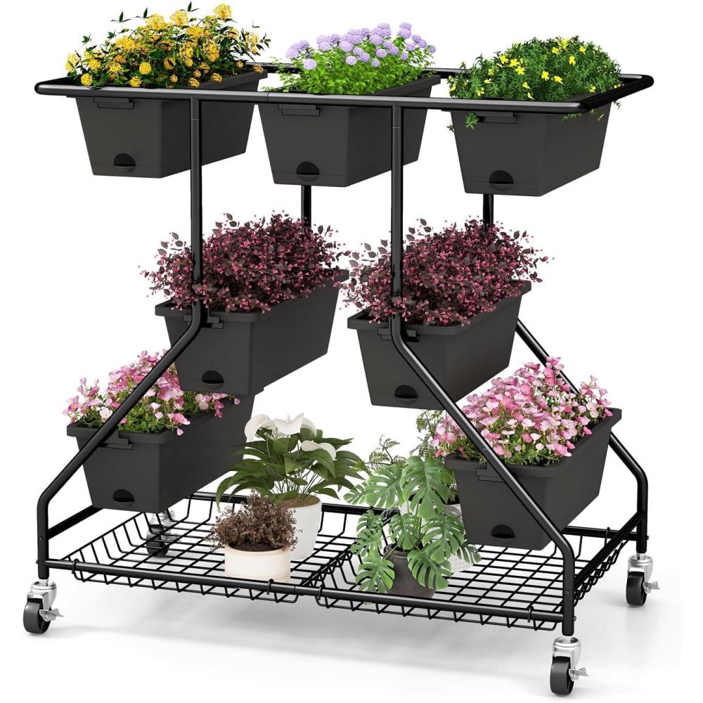 image:imageGiantex Rolling Raised Garden Bed w 7 Planter Boxes Storage Baskets Drainage Holes 4 Lockable Casters 3Tier Freestanding Elevated Planter for Strawberry Vegetable Flower Herb