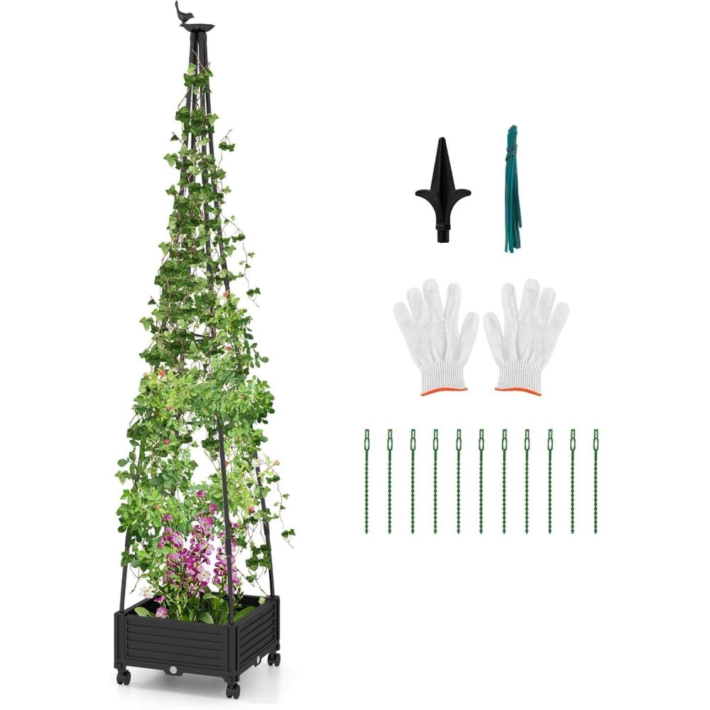 image:imageGiantex Rolling Raised Garden Bed with Climbing Trellis Obelisk amp Bird Top 11 Fasten Straps Gloves Planter Garden Boxes on Wheels SelfWatering System PECoated Metal Rack1
