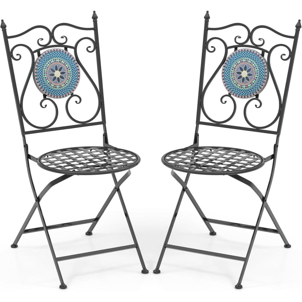 image:imageGiantex Set of 2 Patio Folding Chairs Mosaic Bistro Chairs wBackrest amp Round Seat HeavyDuty Metal Frame 330lbs Capacity Outdoor Use for Porch Balcony LawnMulticolor Floral Pattern