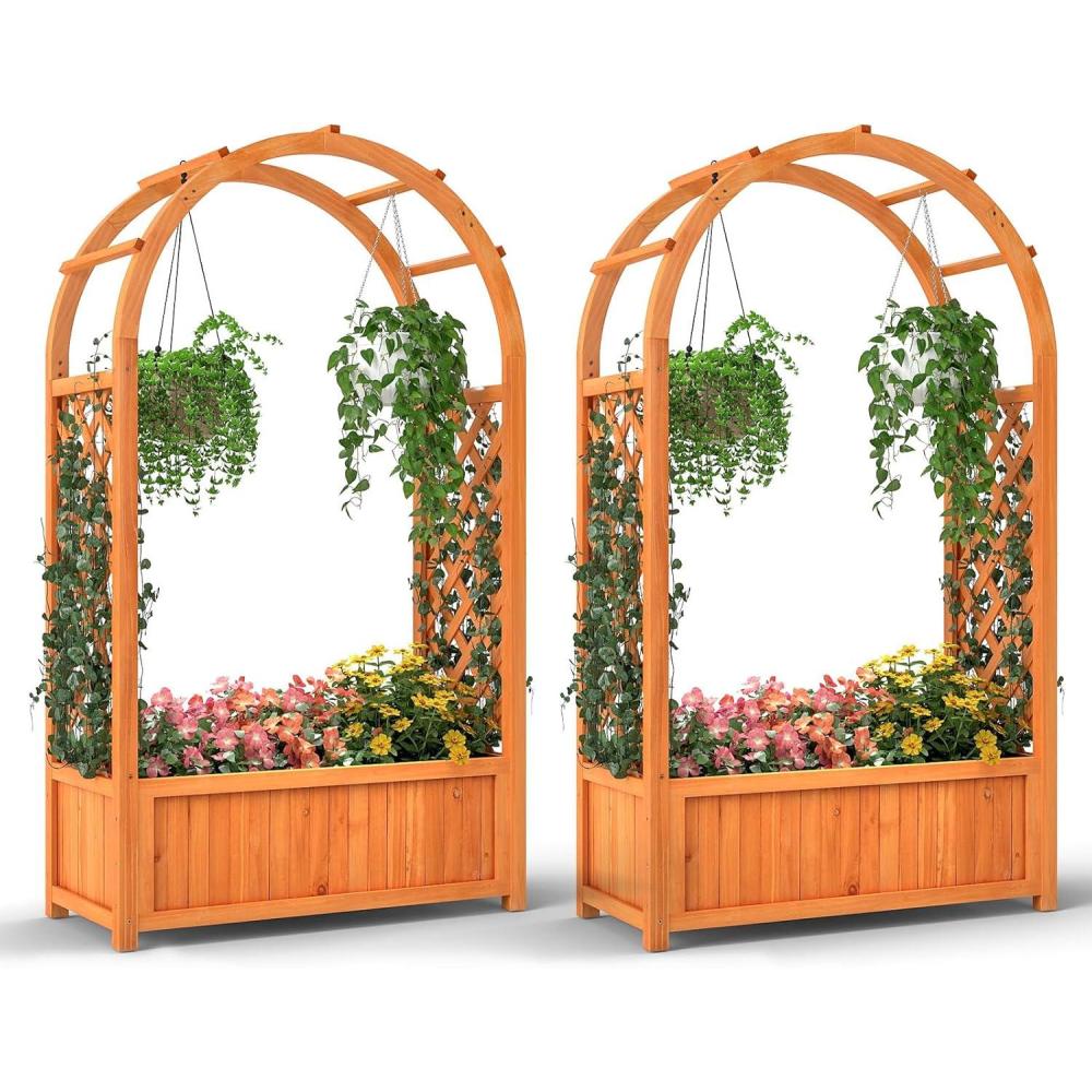 image:imageGiantex Set of 2 Raised Garden Bed with Arch Trellis for Climbing Vine Flower Vegetable Wood Planter Box with Liner amp Drainage Design Outdoor Plant Container for Yard Balcony 33x14x582