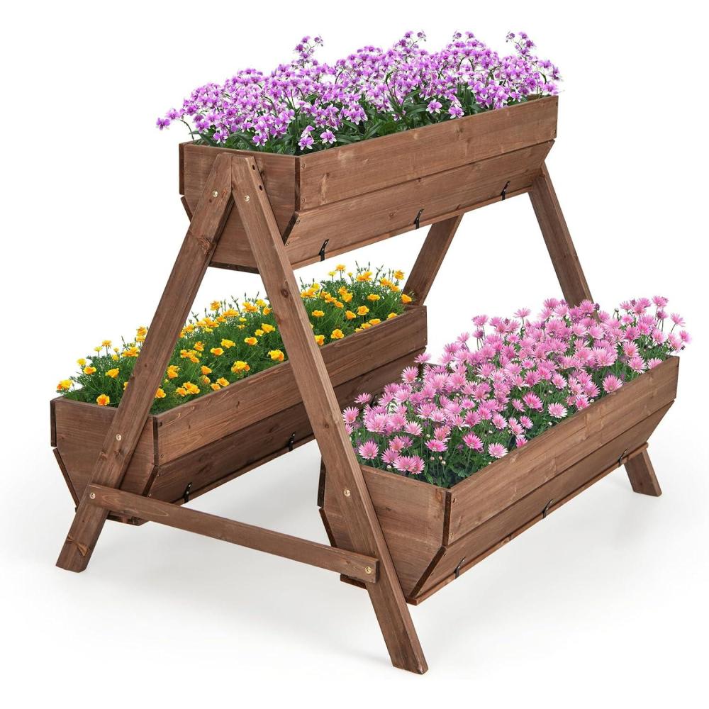 image:imageGiantex Vertical Raised Garden Bed 3 Wood Planter Boxes for Flower Vegetable Fruit Herb Freestanding Garden Planter with Drain Holes Elevated Raised Beds for Indoor Outdoor Lawn Patio Yard Brown44x36x 35