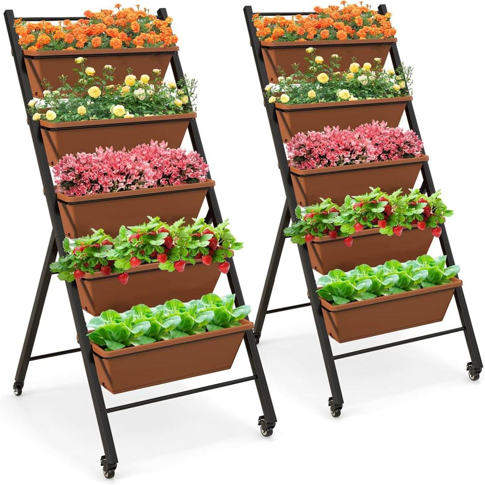 image:imageGiantex Vertical Raised Garden Bed on Wheels 5Tier Elevated Planter Boxes Garden Beds with Drain Hole Freestanding 5 Containers for Herb Vegetables Flowers Growing Indoor Outdoor Patio Balcony2