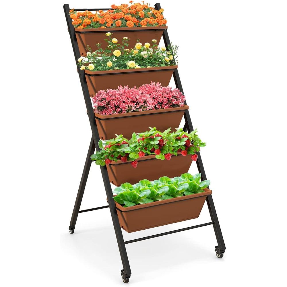image:imageGiantex Vertical Raised Garden Bed on Wheels 5Tier Elevated Planter Boxes Garden Beds with Drain Hole Freestanding 5 Containers for Herb Vegetables Flowers Growing Indoor Outdoor Patio Balcony1
