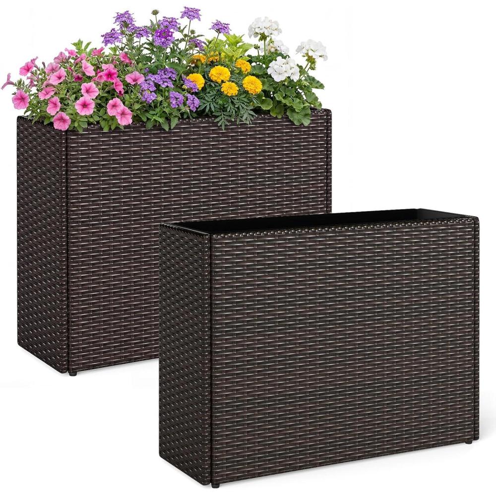 image:imageGiantex Wicker Raised Garden Bed with Wheels 38x12x14 Rectangular Garden Planter Box wPE Rattan Liner Fabric Wicker Patio Elevated Raised Bed for Vegetable Flower Herb Porch Balcony2