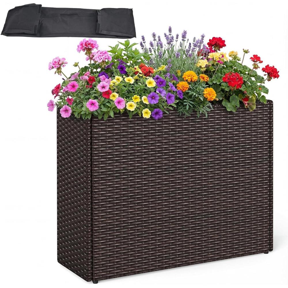 image:imageGiantex Wicker Raised Garden Bed with Wheels 38x12x14 Rectangular Garden Planter Box wPE Rattan Liner Fabric Wicker Patio Elevated Raised Bed for Vegetable Flower Herb Porch Balcony1