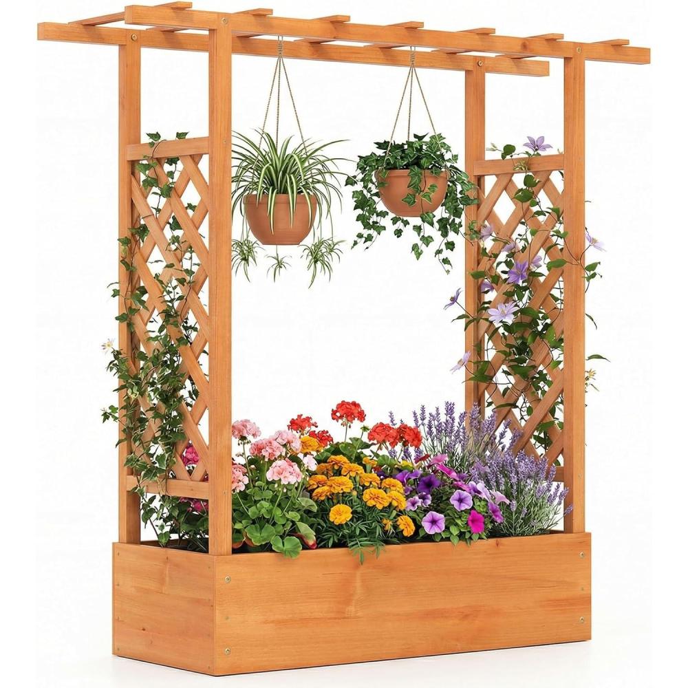 image:imageGiantex Wooden Raised Garden Bed with Trellis amp Hanging Roof Fir Wood Planter Box 45 Freestanding Elevated Garden Bed for Outdoor Climbing Plants Vegetables Flowers Patio amp Balcony OrangeOrange