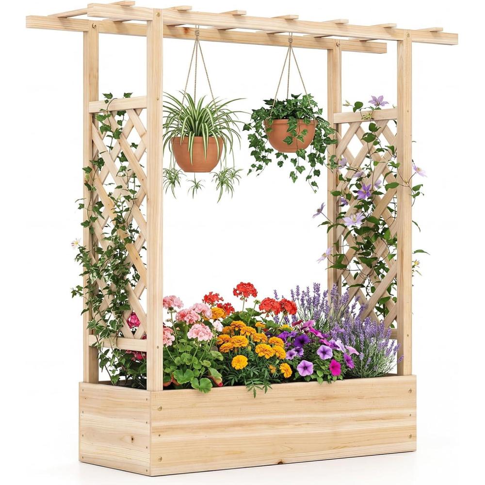 image:imageGiantex Wooden Raised Garden Bed with Trellis amp Hanging Roof Fir Wood Planter Box 45 Freestanding Elevated Garden Bed for Outdoor Climbing Plants Vegetables Flowers Patio amp Balcony OrangeNatural