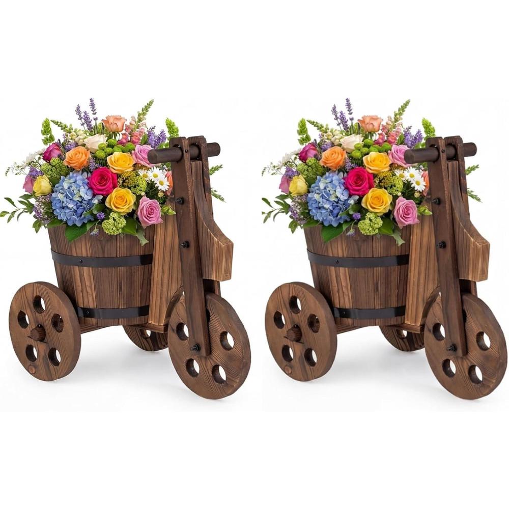 image:imageGiantex Wooden Wagon Planter with Wheels Rustic Wood Plant Stand with Drainage Hole for Flowers Herbs Vegetables Indoor Outdoor Decorative Garden Flower Cart for Patio Backyard Balcony 12