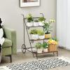 Giantex 3-Tier Metal Flower Cart, Ladder Shaped Plant Stand w/ Wheels & Handle, Exquisite Pattern, Rolling Garden Cart for Indoor & Outdoor, Folding Plant Holder for Balcony Garden Porch