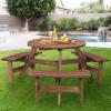 Giantex 6 Person Wooden Picnic Table Set with Wood Bench, with Umbrella Hold Design, Perfect for Outdoor Garden Yard Pub Beer Dining, Dark Brown(67″L×67″ W×27.5″)
