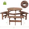 Giantex 6 Person Wooden Picnic Table Set with Wood Bench, with Umbrella Hold Design, Perfect for Outdoor Garden Yard Pub Beer Dining, Dark Brown(67″L×67″ W×27.5″)
