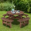 Giantex 6 Person Wooden Picnic Table Set with Wood Bench, with Umbrella Hold Design, Perfect for Outdoor Garden Yard Pub Beer Dining, Dark Brown(70.5″L×70.5″ W×27.5″ H)