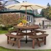 Giantex 6 Person Wooden Picnic Table Set with Wood Bench, with Umbrella Hold Design, Perfect for Outdoor Garden Yard Pub Beer Dining, Dark Brown(70.5″L×70.5″ W×27.5″ H)