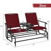 Giantex Patio Bench Glider Chair with Metal Frame, Center Tempered Glass Table, Outside Double Rocking Swing Loveseat for Porch, Garden, Poolside, Balcony, Lawn Rocker Outdoor Glider Bench(Gray)(Burgundy)