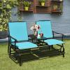 Giantex Patio Bench Glider Chair with Metal Frame, Center Tempered Glass Table, Outside Double Rocking Swing Loveseat for Porch, Garden, Poolside, Balcony, Lawn Rocker Outdoor Glider Bench(Gray)(Turquoise)