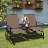 Giantex Patio Bench Glider Chair with Metal Frame, Center Tempered Glass Table, Outside Double Rocking Swing Loveseat for Porch, Garden, Poolside, Balcony, Lawn Rocker Outdoor Glider Bench(Gray)(Brown)
