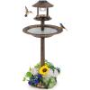 Giantex 42 inch Bird Bath Solar Lighted, Pedestal Bird Bath with Bird Feeder, Flower Planter Base, Solar Powered Lamp, 3 Ground Stakes, Standing Birdbath for Outside Garden Yard Outdoor (Bronze)(Bronze)