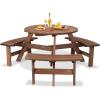 Giantex 6 Person Wooden Picnic Table Set with Wood Bench, with Umbrella Hold Design, Perfect for Outdoor Garden Yard Pub Beer Dining, Dark Brown(67″L×67″ W×27.5″)