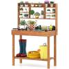 Giantex Garden Potting Bench Table, Large Workbench Table with Shelves, Openable Tabletop Hidden Storage Cabinet, 3 Hooks, Outdoor Wooden Workstation for Patio Garden Garage, 43.5″x19.5″x 60.5″(Brown)