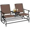 Giantex Patio Bench Glider Chair with Metal Frame, Center Tempered Glass Table, Outside Double Rocking Swing Loveseat for Porch, Garden, Poolside, Balcony, Lawn Rocker Outdoor Glider Bench(Gray)(Brown)