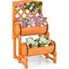 Giantex Raised Garden Bed with 2 Barrel Planters & Trellis, 2-Tier Freestanding Wooden Raised Bed for Vine Vegetable Flower Fruit, Indoor Outdoor Plant Box for Garden Yard Balcony 18″ Lx14 Wx44.5 H(18″Lx18″Wx32″H)