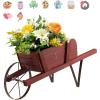 Giantex Wood Wagon Planter, Small Wheelbarrow Wagon Cart, Indoor & Outdoor Decorative Raised Bed W/ 9 Magnetic Accessories, Flower Pot Wheelbarrow Cart for Garden Backyard (Red)(Red)