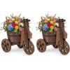 Giantex Wooden Wagon Planter with Wheels, Rustic Wood Plant Stand with Drainage Hole for Flowers Herbs Vegetables, Indoor Outdoor Decorative Garden Flower Cart for Patio Backyard Balcony (1)(2)