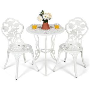 Giantex 3 Piece Bistro Set, Cast Aluminum Porch Furniture, Outdoor Patio Dining Table and Chairs with Umbrella Hole for Balcony Backyard Garden Poolside (White Rose Pattern)(White Rose Pattern)
