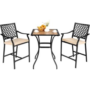 Giantex 3 Piece Patio Bar Table Set Outdoor Square Bistro Bar Table High Chairs with Cushion Metal Stool All Weather Patio Dining Set Garden Backyard Porch Lawn Poolside (3 Piece Patio Bar Set)