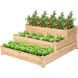 Giantex 3 Tier Raised Garden Bed, Outdoor Planter Box Vegetable Flowers Growing Box, Elevated Raised Bed Kit, Wood Planting Container, 49’’x49’’x22 (LxWxH)(Natural)