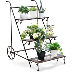 Giantex 3-Tier Metal Flower Cart, Ladder Shaped Plant Stand w/ Wheels & Handle, Exquisite Pattern, Rolling Garden Cart for Indoor & Outdoor, Folding Plant Holder for Balcony Garden Porch