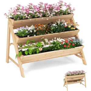 Giantex 3-Tier Raised Garden Bed, Wooden Vertical Planter Box with Storage Shelf, 2 Hanging Hooks & 3 Bed Liners, All-Weather Freestanding Planter, Elevated Raised Beds for Lawn Patio, Natural