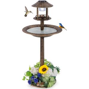 Giantex 42 inch Bird Bath Solar Lighted, Pedestal Bird Bath with Bird Feeder, Flower Planter Base, Solar Powered Lamp, 3 Ground Stakes, Standing Birdbath for Outside Garden Yard Outdoor (Bronze)(Bronze)