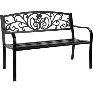Giantex 50″ Patio Garden Bench, Loveseats Park Yard Furniture, Black Steel Cast Iron Frame Chair, Metal Bench Outdoor with Floral Scroll Pattern