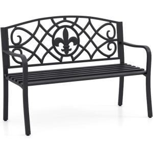 Giantex 50.5” Outdoor Bench with Metal Frame, Floral Design Cast Iron Backrest, Slatted Seat, Adjustable Foot Pads, Load 660Lbs, Garden Bench for Outside Patio Backyard Porch Park, Black