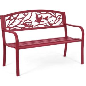 Giantex 50”Outdoor Bench with Cast Iron Backrest & Ergonomic Armrest,600 lbs Steel Metal Frame, Garden Bench for Park Front Porch Patio Lawn Backyard Balcony Path Entryway Deck, Red Bird Pattern