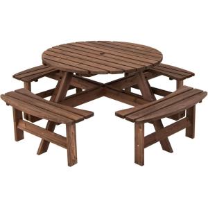 Giantex 6 Person Wooden Picnic Table Set with Wood Bench, with Umbrella Hold Design, Perfect for Outdoor Garden Yard Pub Beer Dining, Dark Brown(70.5″L×70.5″ W×27.5″ H)