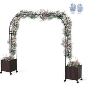 Giantex 6.6 FT Garden Arch with Trellis & 2 Planter Boxes, Tall Arbor for Climbing Vine, Flowers, Decorative Gate for Wedding Ceremony Party (Brown+Black)(Brown+Black)