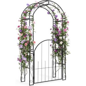 Giantex 84” Garden Arbor with Gate, Heavy-Duty Metal Arch Trellis for Climbing Plants Vines Roses, Wedding Archway for Ceremony, Pathway & Outdoor Decoration, Patio Pergola for Backyard Lawn