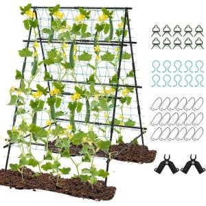 Giantex Cucumber Trellis, Trellis for Climbing Plants Outdoor, Garden Trellis w/Netting, PE-Coated Metal, Clips, Plant Support for Flower Vine Grape Vegetable Fruit, Adjustable Shape, 31″x 26″x74″(41″x51″x59″)