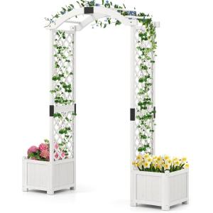 Giantex Garden Arbor with Planter Boxes, Wooden Arch with Trellis and Raised Garden Bed for Climbing Vine Plants Vegetables Herbs, Decorative Arbor Archway for Wedding, Ceremony, Party (White)(White)