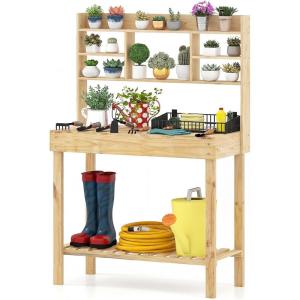Giantex Garden Potting Bench Table, Large Workbench Table with Shelves, Openable Tabletop Hidden Storage Cabinet, 3 Hooks, Outdoor Wooden Workstation for Patio Garden Garage, 43.5″x19.5″x 60.5″(Natural)