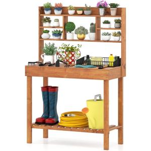 Giantex Garden Potting Bench Table, Large Workbench Table with Shelves, Openable Tabletop Hidden Storage Cabinet, 3 Hooks, Outdoor Wooden Workstation for Patio Garden Garage, 43.5″x19.5″x 60.5″(Brown)