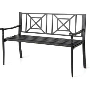 Giantex Metal Outdoor Bench with Backrest, Curved Armrests, Non-Slip Foot Pads, Slatted Seat for 2-3 Persons, Load 660lbs, Loveseat, Patio Bench for Garden, Yard, Poolside, Lawn, Porch, Park, Black(Black)