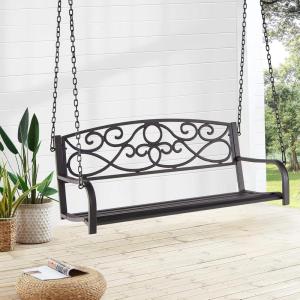 Giantex Metal Porch Swings 2 Person Outdoor Hanging Garden Bench with Sturdy Chains, Wide Seat & Curved Armrests, 485 Lbs Weight Capacity Swing Loveseat for Deck, Backyard Patio Swing Chair (Brown)(Brown)