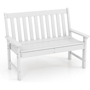 Giantex Outdoor Bench, 52-Inch Outside Bench All-Weather HDPE Park Bench with Backrest and Armrests, 705 lbs Weight Capacity, 2-Person Slatted Patio Bench for Porch, Yard, Lawn, Garden Bench (Teak)(White)