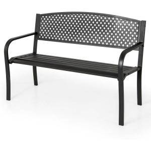 Giantex Outdoor Bench, Garden Bench with Iron Steel Frame, PVC Backrest, Mesh Pattern, Ergonomic Armrests, 500 lbs Metal Outside Bench for Patio Park Porch Lawn Yard Balcony Path Entryway Deck(50″×24″×33.5″)