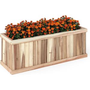 Giantex Outdoor Raised Garden Bed, 40” x 13” x 12” Pine Wood Planter Box with 3 Drainage Holes, Removable Bottom & Bed Liner, Rectangular Flower Container for Vegetables, Herbs, Indoor & Outdoor(Natural)