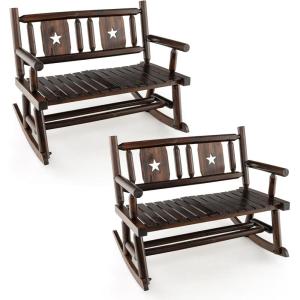 Giantex Outdoor Rocking Bench, Patio Loveseat Rocker for 2 w/Ergonomic Back & Log Arms, Carbonized Fir Wood Frame, Wooden Double Rocking Chair for Porch, Garden, 710 LB Capacity, Rustic Brown (2)(2)